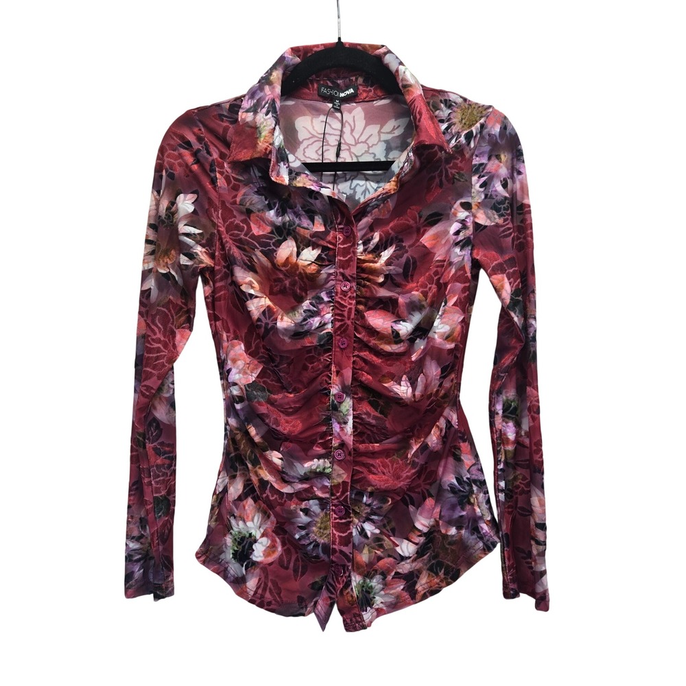 NWT Fashion‎ Nova Vivienne Velvet Shirt Burgundy Floral Ruched Button Down M Y2K